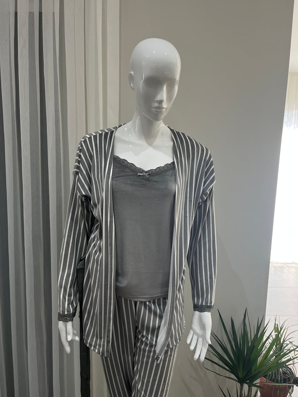 Pyjama Femme - 1455-R91 - 3 pièces  gris à rayures