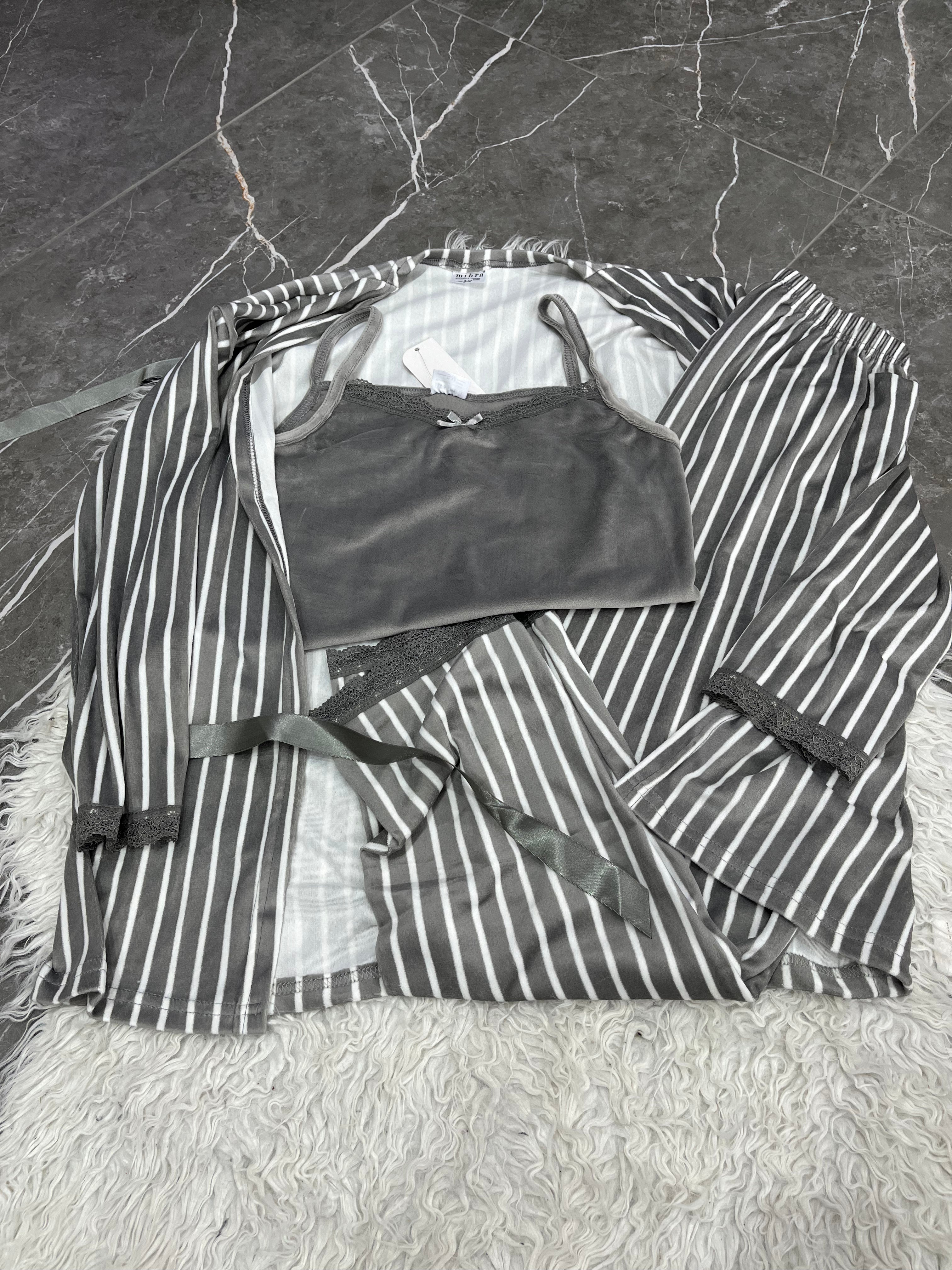 Pyjama Femme - 1455-R91 - 3 pièces  gris à rayures