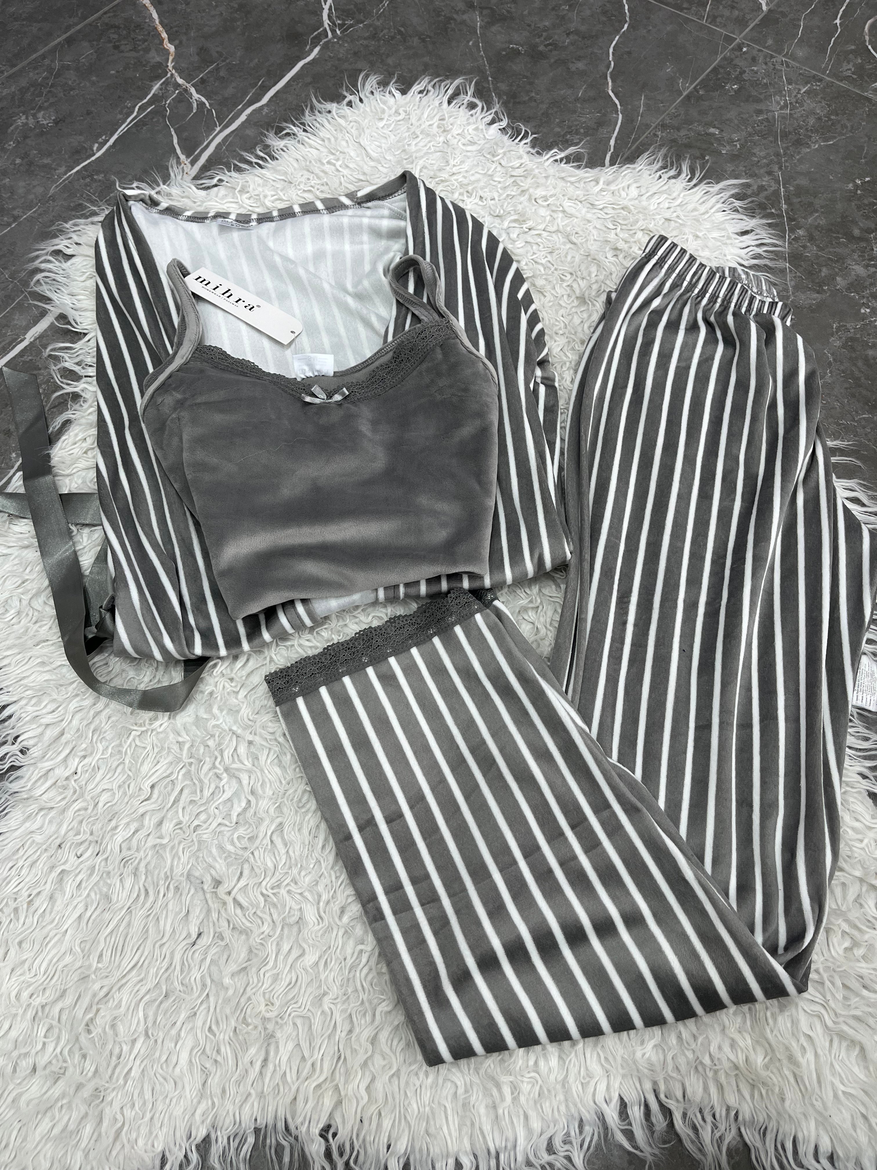 Pyjama Femme - 1455-R91 - 3 pièces  gris à rayures